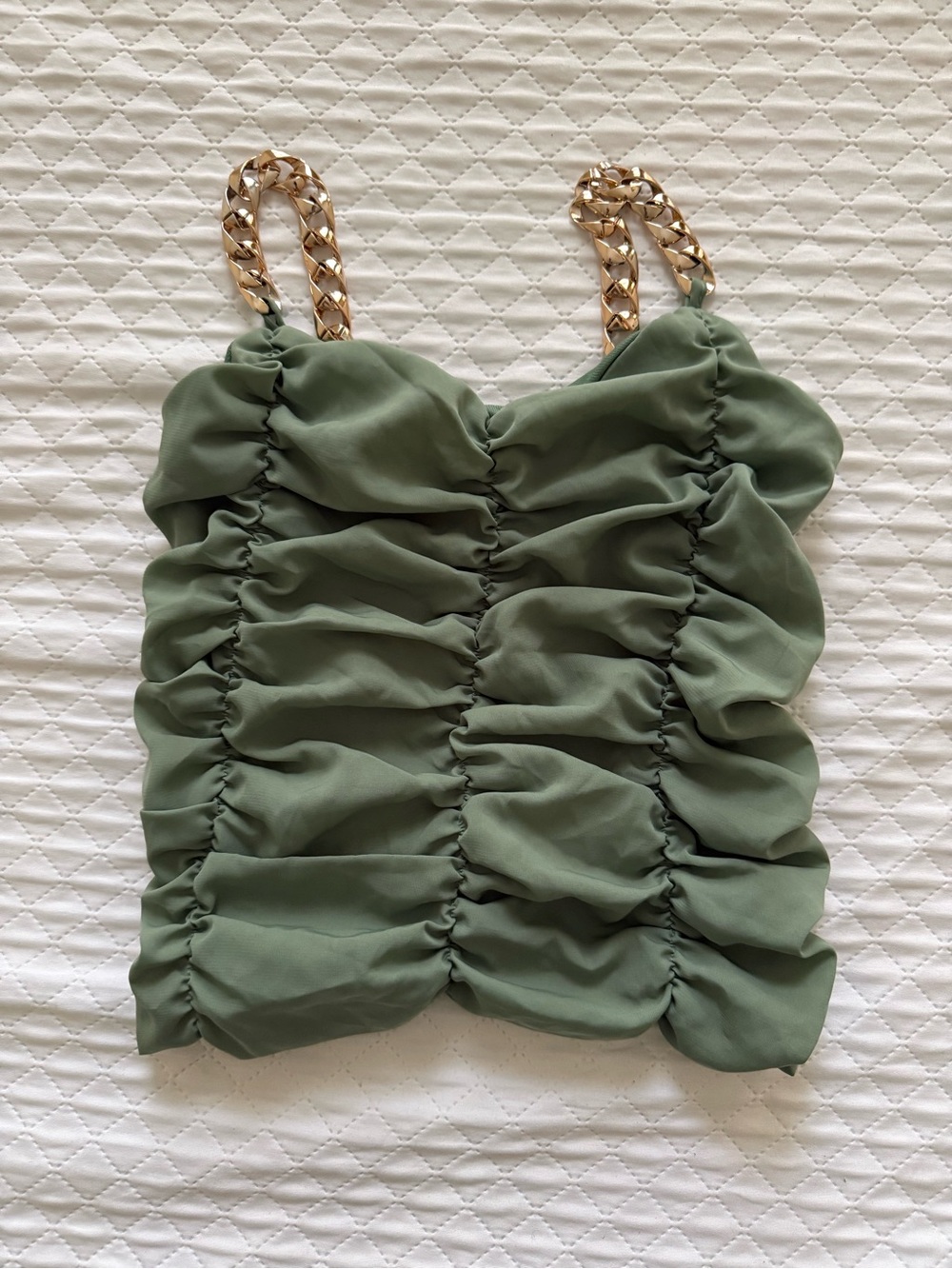 Ruched Olive Green Cami Top with Gold Chain Straps